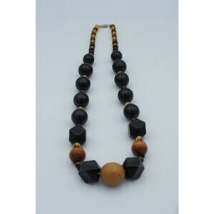 Vintage Beaded Necklace Wood Glass Plastic Beads Black Amber Tone Modernist